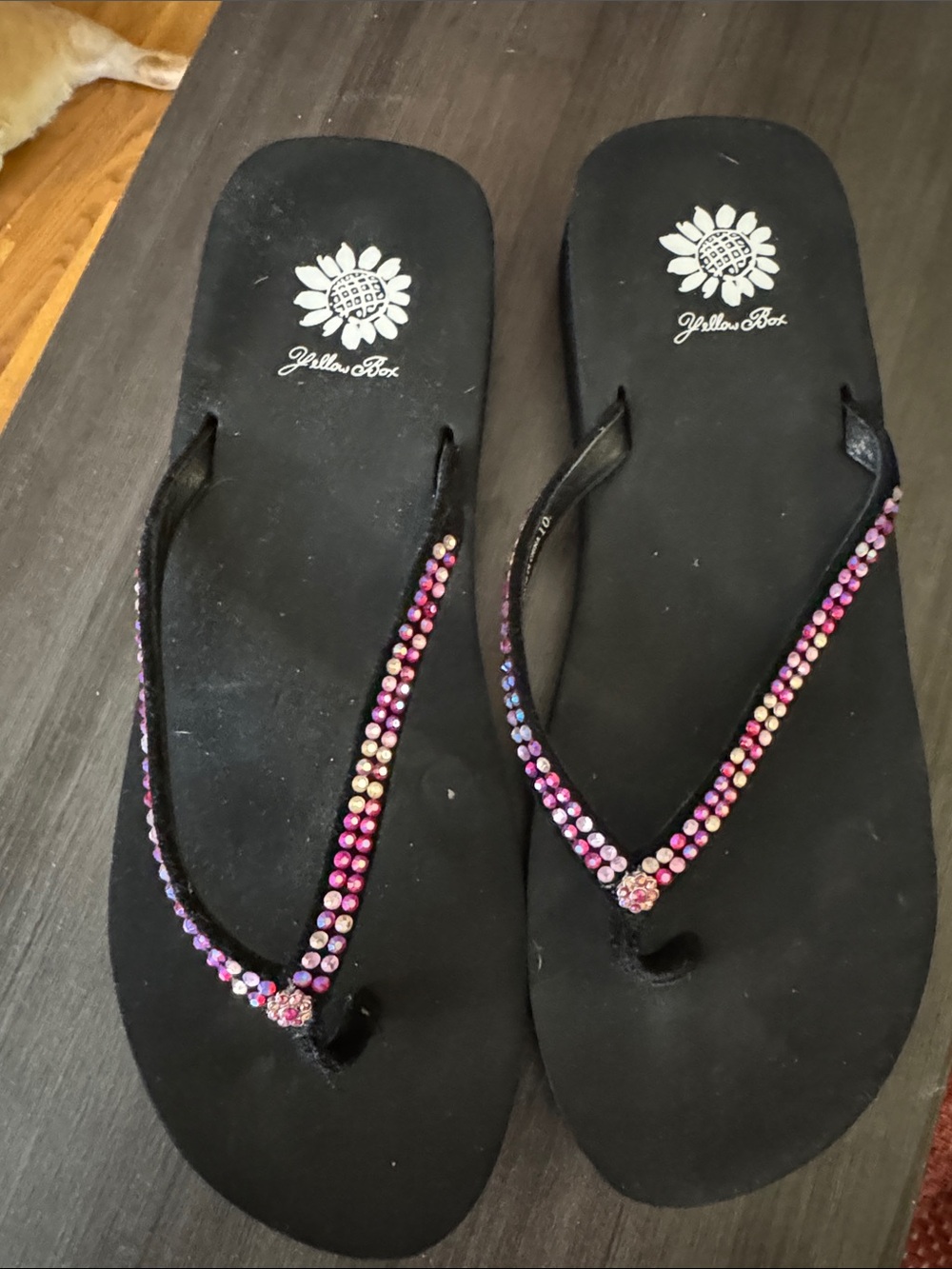Yellow Box Black Flip Flops with Pink and Purple Rhinestones